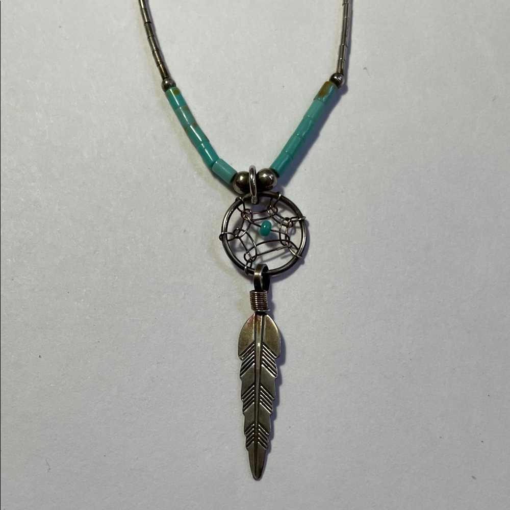 Sterling Silver and Turquoise Navajo Tourist Trade Dreamcatcher Necklace